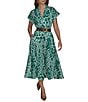 Donna Karan Twill Collared V-Neck Short Sleeve Belted A-Line Midi Dress, Color:Lawn/Cream - Image 1