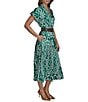 Donna Karan Twill Collared V-Neck Short Sleeve Belted A-Line Midi Dress, Color:Lawn/Cream - Image 3