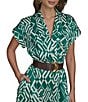 Donna Karan Twill Collared V-Neck Short Sleeve Belted A-Line Midi Dress, Color:Lawn/Cream - Image 4