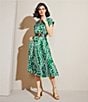 Donna Karan Twill Collared V-Neck Short Sleeve Belted A-Line Midi Dress, Color:Lawn/Cream - Image 6