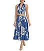 Donna Karan V-Neck Belted A-Line Midi Dress, Color:Blue Multi - Image 1