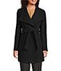 Donna Karan Wool Blend Asymmetrical Wing Collar Belted Wrap Coat, Color:Black Twill - Image 2