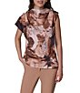 Donna Karan Woven Abstract Multi Print Asymmetric Mock Neck Cap Sleeve Top - Image 1