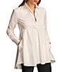 Color:Cream - Image 1 - Woven Button Down Collared Long Sleeve High-Low Hem A-line Tunic