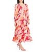 Donna Morgan Abstract Print V Neck Long Sleeve Button Front Waist Tie Button Front Shirt Midi Dress, Color:Cream/Magenta - Image 3