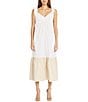 Color:Ivory Sand - Image 1 - Color Block V-Neck Short Ruffle Sleeve Tiered Waistless Midi Dress