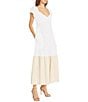 Color:Ivory Sand - Image 3 - Color Block V-Neck Short Ruffle Sleeve Tiered Waistless Midi Dress