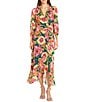 Color:Green/Raspberry - Image 1 - Floral Printed Foiled Surplice V-Neckline 3/4 Sleeve Faux Wrap Dress
