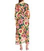 Color:Green/Raspberry - Image 2 - Floral Printed Foiled Surplice V-Neckline 3/4 Sleeve Faux Wrap Dress