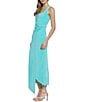 Color:Turquoise - Image 3 - Naomi Jersey Square Neck Sleeveless Ruched Faux Wrap Waist O-Ring Asymmetrical Hem Midi Dress