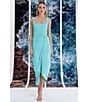 Color:Turquoise - Image 4 - Naomi Jersey Square Neck Sleeveless Ruched Faux Wrap Waist O-Ring Asymmetrical Hem Midi Dress