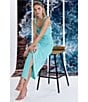 Color:Turquoise - Image 5 - Naomi Jersey Square Neck Sleeveless Ruched Faux Wrap Waist O-Ring Asymmetrical Hem Midi Dress
