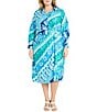 Color:Sky/Hawaiian - Image 1 - Plus Size Long Sleeve V-Neck Printed Faux-Wrap Midi Dress