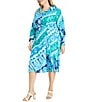 Color:Sky/Hawaiian - Image 3 - Plus Size Long Sleeve V-Neck Printed Faux-Wrap Midi Dress