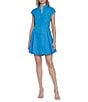 Color:Malibu Blue - Image 1 - Poplin Mock Neck Cap Sleeve Button Front Mini Dress