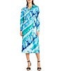 Color:Sky/Hawaiian - Image 1 - Printed Collared Neckline Long Sleeve Faux Wrap Midi Shirt Dress