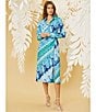 Color:Sky/Hawaiian - Image 4 - Printed Collared Neckline Long Sleeve Faux Wrap Midi Shirt Dress