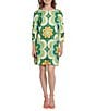 Color:Green/Lime - Image 1 - Printed Crew Neck 3/4 Cuffed Sleeve Shift Dress