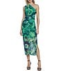 Color:Green/Ink Blue - Image 1 - Printed Power Mesh One Shoulder Sleeveless Cutout Ruched Midi Dress