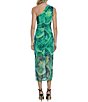 Color:Green/Ink Blue - Image 2 - Printed Power Mesh One Shoulder Sleeveless Cutout Ruched Midi Dress