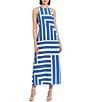 Color:Cream/Blue - Image 1 - Printed Stretch High Round Neck Sleeveless Midi Dress