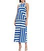 Color:Cream/Blue - Image 3 - Printed Stretch High Round Neck Sleeveless Midi Dress