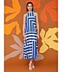 Color:Cream/Blue - Image 4 - Printed Stretch High Round Neck Sleeveless Midi Dress