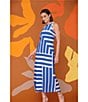 Color:Cream/Blue - Image 5 - Printed Stretch High Round Neck Sleeveless Midi Dress