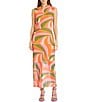 Color:Tan/Green/Orange - Image 1 - Printed Stretch Mesh Mock Neckline Sleeveless Maxi Dress