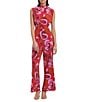 Color:Red/Lavender - Image 1 - Printed Stretch Mock Neck Keyhole Tie Back Sleeveless Jumpsuit