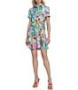Color:Blue/Pink - Image 1 - Printed Twill Point Collar Short Sleeve Button Down Tie Front Mini Dress