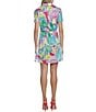 Color:Blue/Pink - Image 2 - Printed Twill Point Collar Short Sleeve Button Down Tie Front Mini Dress