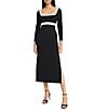 Donna Morgan Scuba Crape Contrast Color Bind Square Neck Long Sleeve Midi Dress, Color:Black Ivory - Image 1