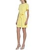 Color:Lemon - Image 3 - Scuba Crepe Round Neck Short Sleeve Tie Waist Mini Dress