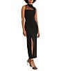 Color:Black - Image 3 - Stretch Crepe Illusion Mock Neck Sleeveless Front Slit Maxi Dress