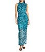 Color:Aqua Blue - Image 1 - Stretch Printed Mesh High Neckline Sleeveless Dress