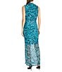 Color:Aqua Blue - Image 2 - Stretch Printed Mesh High Neckline Sleeveless Dress