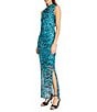 Color:Aqua Blue - Image 3 - Stretch Printed Mesh High Neckline Sleeveless Dress