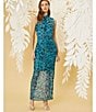 Color:Aqua Blue - Image 5 - Stretch Printed Mesh High Neckline Sleeveless Dress
