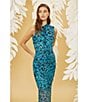 Color:Aqua Blue - Image 6 - Stretch Printed Mesh High Neckline Sleeveless Dress
