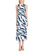 Donna Morgan Zebra Print Crew Neck Sleeveless Sheath Self Tie Midi Dress, Color:Ivory/Blue - Image 1