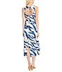 Donna Morgan Zebra Print Crew Neck Sleeveless Sheath Self Tie Midi Dress, Color:Ivory/Blue - Image 2