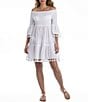 Color:White - Image 1 - Cotton Solid Off-The-Shoulder Smocked Pom Pom Tiered Cover-Up Dress