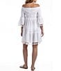 Color:White - Image 2 - Cotton Solid Off-The-Shoulder Smocked Pom Pom Tiered Cover-Up Dress