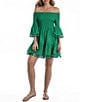Color:Green - Image 1 - Cotton Solid Off-The-Shoulder Smocked Pom Pom Tiered Cover-Up Dress