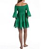 Color:Green - Image 2 - Cotton Solid Off-The-Shoulder Smocked Pom Pom Tiered Cover-Up Dress