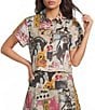 Double D Ranch Woven Cowboy Graffiti Print Collar Short Sleeve Top - Image 1
