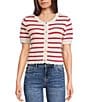 Double Zero Striped Short Sleeve Scalloped Button Front Cropped Sweater - Image 1