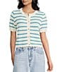 Double Zero Striped Short Sleeve Scalloped Button Front Sweater, Color:Blue - Image 1