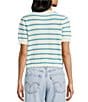 Double Zero Striped Short Sleeve Scalloped Button Front Sweater, Color:Blue - Image 2